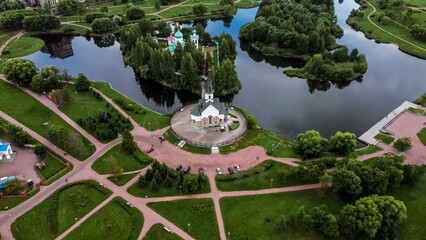 Aerial view over churches and pulkovo park in st. petersburg.