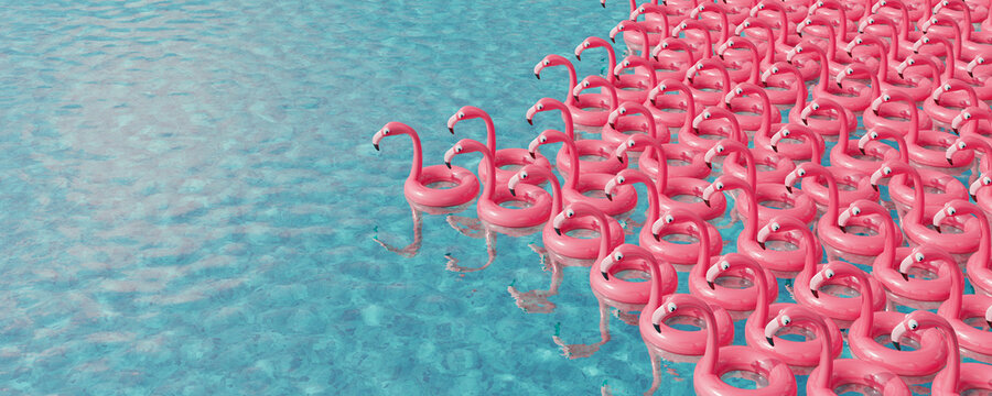 Large group of Pink Flamingo inflatable swimming rings floating in the pool. Summer vacation concept 3d render 3d illustration