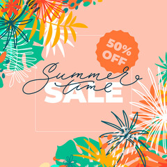 Summer time special offer horizontal banner with tropical leaves and flat elements. Vector template for sales, promo, ads. Bright floral vector illustration with text blocks. - 507702641