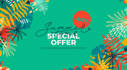 Summer time special offer horizontal banner with tropical leaves and flat elements. Vector template for sales, promo, ads. Bright floral vector illustration with text blocks.