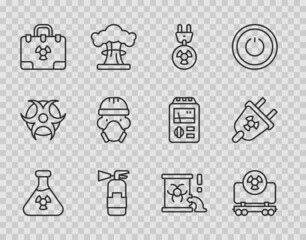 Set line Test tube radiation, Radioactive cargo train, Radiation electrical plug, Fire extinguisher, nuclear suitcase, Nuclear reactor worker, waste barrel and icon. Vector
