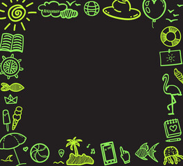 Colored neon holiday elements on isolated black background. Sketchy doodles. Summer relax