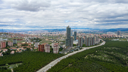 Skyscraper and forest in Ankara City,TURKEY Aerial photo.