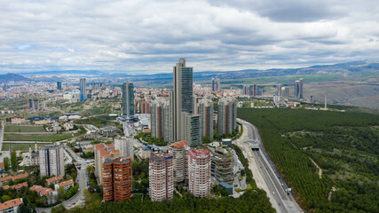 Fototapeta na wymiar Skyscraper and forest in Ankara City,TURKEY Aerial photo.