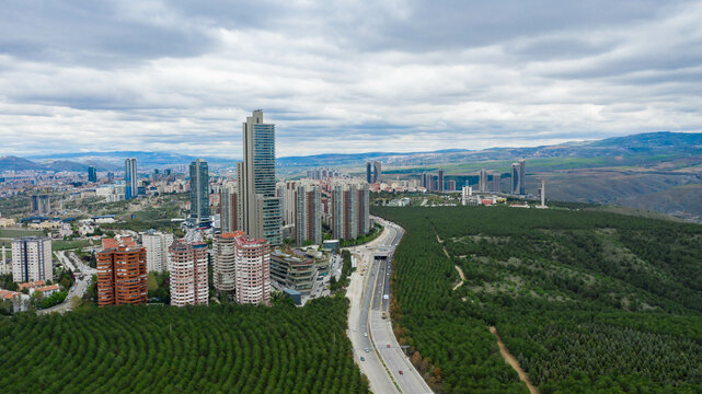 Skyscraper and forest in Ankara City,TURKEY Aerial photo.