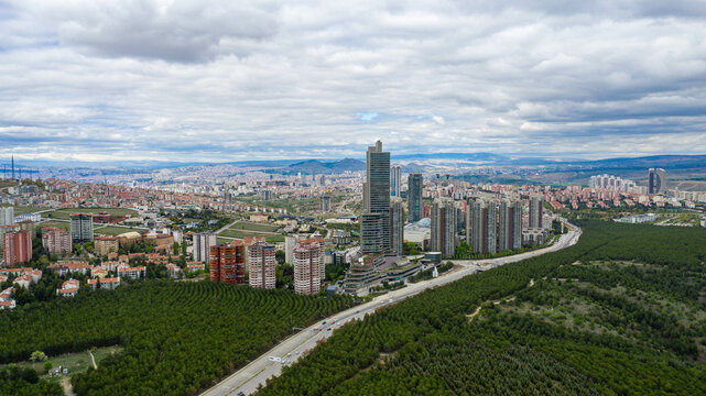 Skyscraper and forest in Ankara City,TURKEY Aerial photo.
