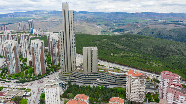 Skyscraper and forest in Ankara City,TURKEY Aerial photo.
