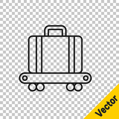 Black line Airport conveyor belt with passenger luggage, suitcase, bag, baggage icon isolated on transparent background. Vector