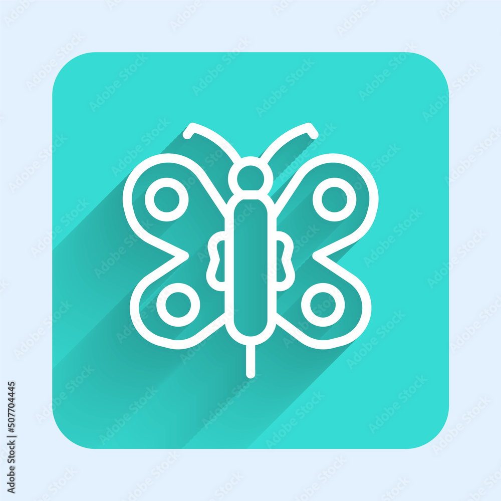 Poster white line butterfly icon isolated with long shadow background. green square button. vector