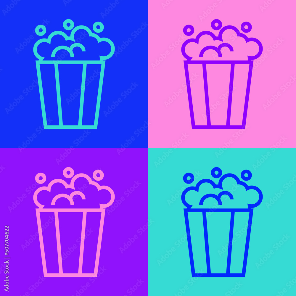 Poster pop art line popcorn in cardboard box icon isolated on color background. popcorn bucket box. vector