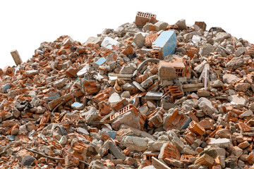 A large pile of broken red bricks, fragments of tiles and concrete, isolated on a white background....