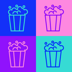 Pop art line Popcorn in cardboard box icon isolated on color background. Popcorn bucket box. Vector