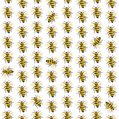 Illustrated hornet or honeybee watercolor seamless pattern set in yellow and black