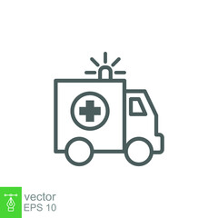 Ambulance icon, outline emergency car, medicine van, care medic support, thin line web symbol on white background. Vector illustration EPS 10.