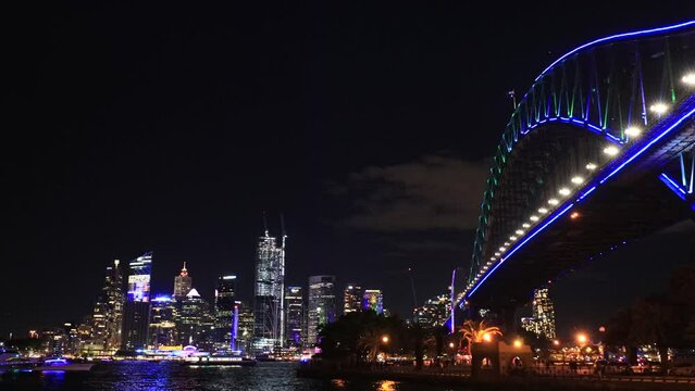 Vivid Sydney light show festival on Sydney Harbour city shores as 4k.
