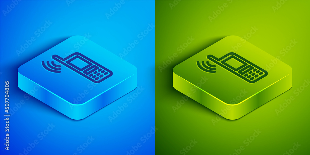 Poster isometric line smartphone with free wi-fi wireless connection icon isolated on blue and green backgr