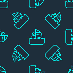 Green line Windsurfing icon isolated seamless pattern on blue background. Vector