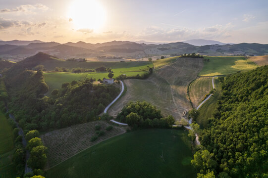 Aerial view of countryside on Marche region in Italy