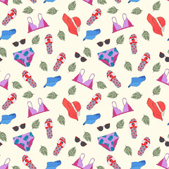 Background of summer clothes with accessories for the beach. Bikini with tropical leaves. Hat, baseball cap, beach shoes. Pattern sunglasses in a circle of tropical foliage for textiles. Vector