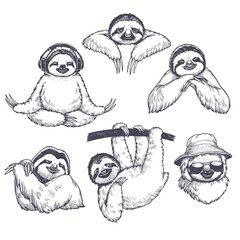 Vector set of hand drawn illustrations of sloths in different emotions and poses. Sketch with funny animals. - 507705039