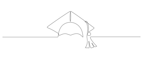 One continuous line drawing of graduation hat. Studying thin symbol or logo in simple linear style. Monoline concept of student of university and college. Editable stroke. Doodle vector illustration