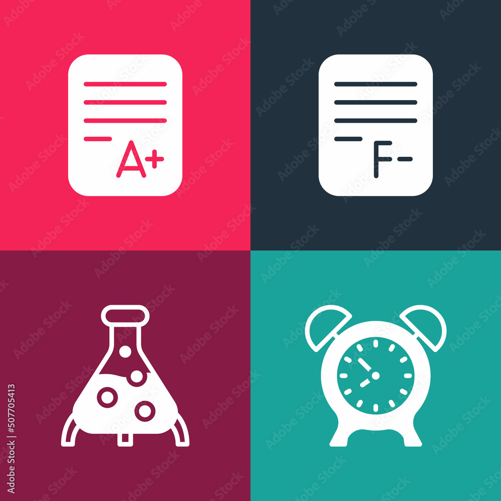 Poster set pop art alarm clock, test tube and flask, exam paper with incorrect answers and sheet plus grade