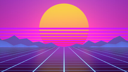 Synthwave, Retrowave or Vaporwave 80's sci-fi futuristic landscape with neon light grid and sun. 