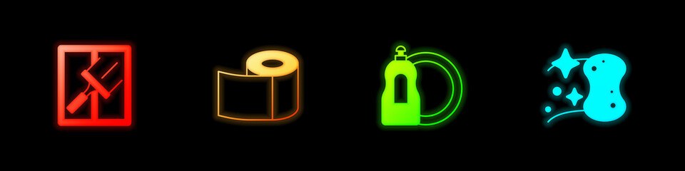 Fototapeta premium Set Rubber cleaner for windows, Toilet paper roll, Dishwashing liquid bottle and Sponge icon. Vector