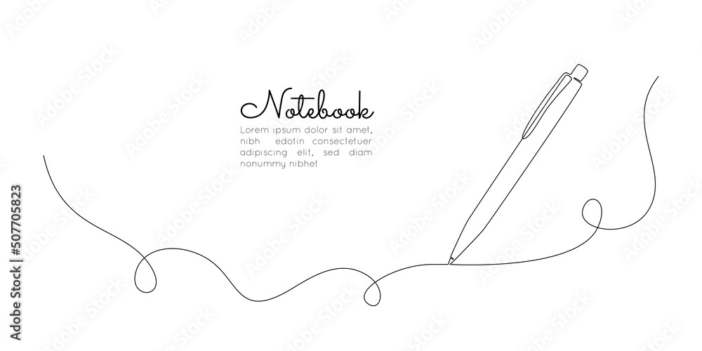 Poster One continuous line drawing of pen writing thin wave stroke. Pencil symbol of study and education concept in simple linear style. Contour silhouette icon. Doodle vector illustration
