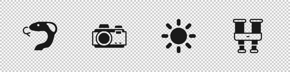 Set Snake, Photo camera, Sun and Binoculars icon. Vector