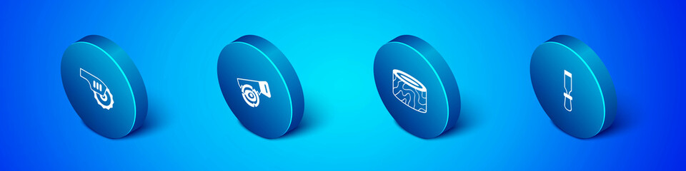 Set Isometric Electric circular saw, Tree stump, Chisel tool and Hand and log icon. Vector