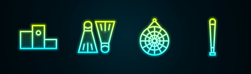 Set line Award over sports winner podium, Rubber flippers for swimming, Classic dart board and Baseball bat. Glowing neon icon. Vector © Kostiantyn