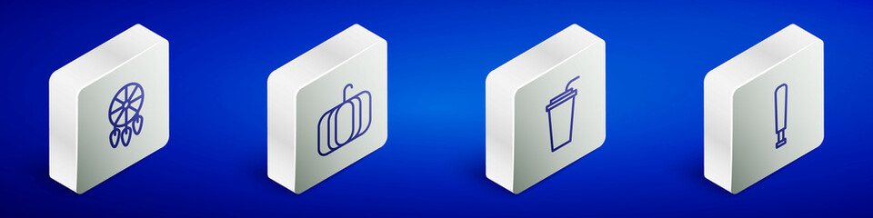 Set Isometric line Dream catcher with feathers, Pumpkin, Paper glass straw and Baseball bat icon. Vector