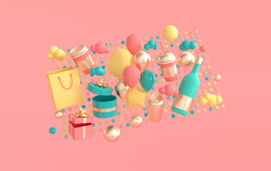 Balloons, coffee, vine bottle, present box, shopping bag and clouds 3d rendering background