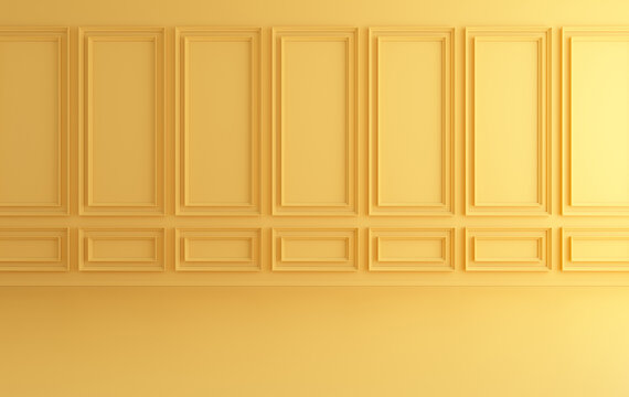 Classic interior walls with copy space. Walls with ornated mouldings panels and wooden floor, classic cornice. Floor parquet. 3d rendering digital interior mock up Illustration. Yellow colors