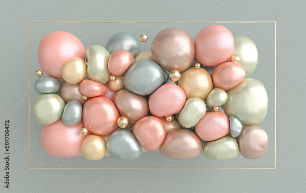 Wall mural dynamic abstract pastel colored 3d rendering background with soft spheres. water drops and pearl blu