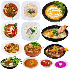 Collection of delicious assorted soups isolated on white