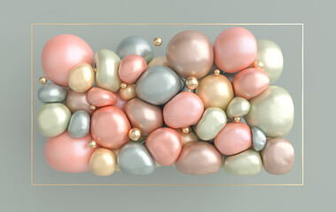 Dynamic abstract pastel colored 3d rendering background with soft spheres. Water drops and pearl blush, eye shadow particles