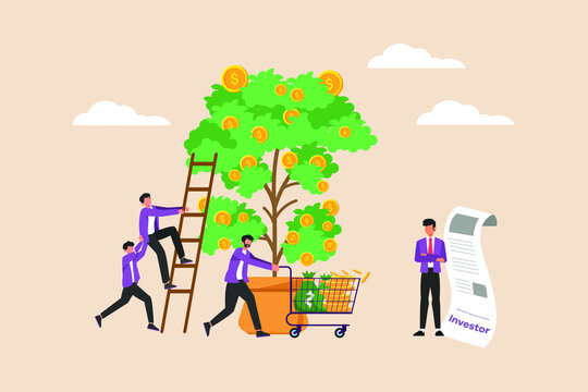 The manager is calculating dividends and his business team is taking gold dollar coins from the money tree. Wealth management concept. Colored flat graphic vector illustration isolated.