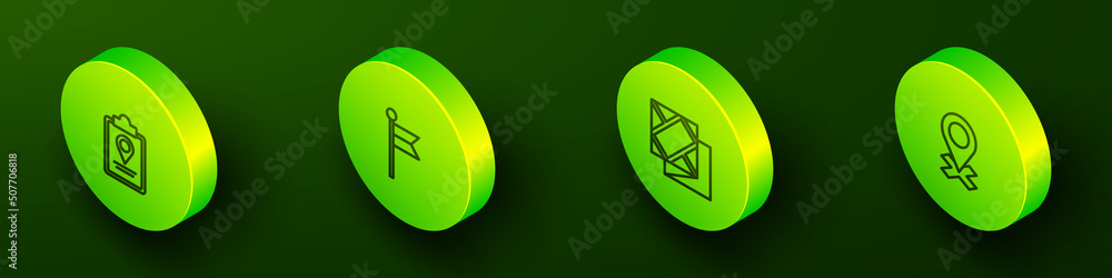 Poster set isometric line folded map with location marker, location, and icon. vector