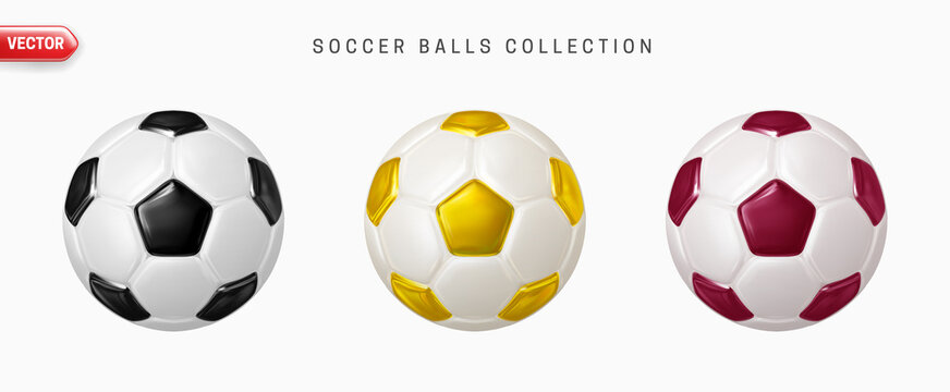 Soccer Ball. Soccer Balls Set realistic 3d design style. Leather texture golden, maroon and black with white colors. Sports design elements mockup isolated on white background. 3d Vector