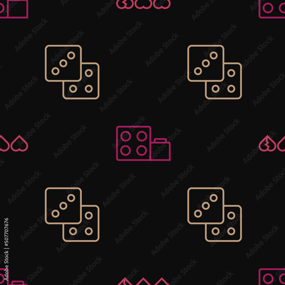 Poster set line hearts for game, game dice and toy building block bricks on seamless pattern. vector