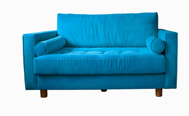 Blue sofa with rollers on wooden legs isolated on white. Blue couch isolated