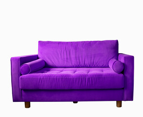 Violet with rollers on wooden legs isolated on white. Violet couch isolated