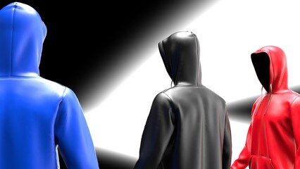 Three anonymous hackers with red-black-blue color hoodie in shadow under black-white background. Dangerous criminal concept image. 3D CG. 3D illustration. 3D high quality rendering.