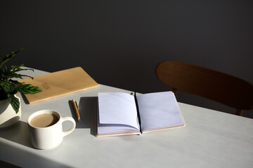 Aesthetic home office desk table. Feminine workspace with paper notebook, cup of coffee, plant, chair in sunlights