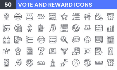 Vote and Reward vector line icon set. Contains linear outline icons like Rating, Poll, Survey, Check, Democracy, Debate, Congress, Referendum, Star, Choice, Election. Editable use and stroke for web.