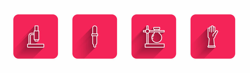 Set line Microscope, Pipette, Test tube flask on stand and Medical rubber gloves with long shadow. Red square button. Vector