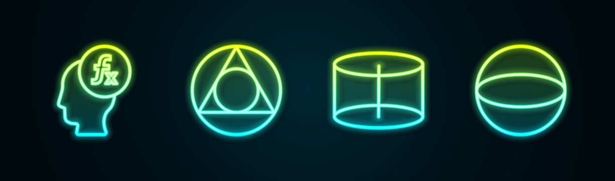 Set line Function mathematical symbol, Triangle, Geometric figure Cylinder and Sphere. Glowing neon icon. Vector
