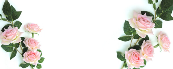 Bouquet of roses flowers panorama. Greeting gift card background . White background with copy space. Template banner. Wedding, Birthday, Valentines day concept